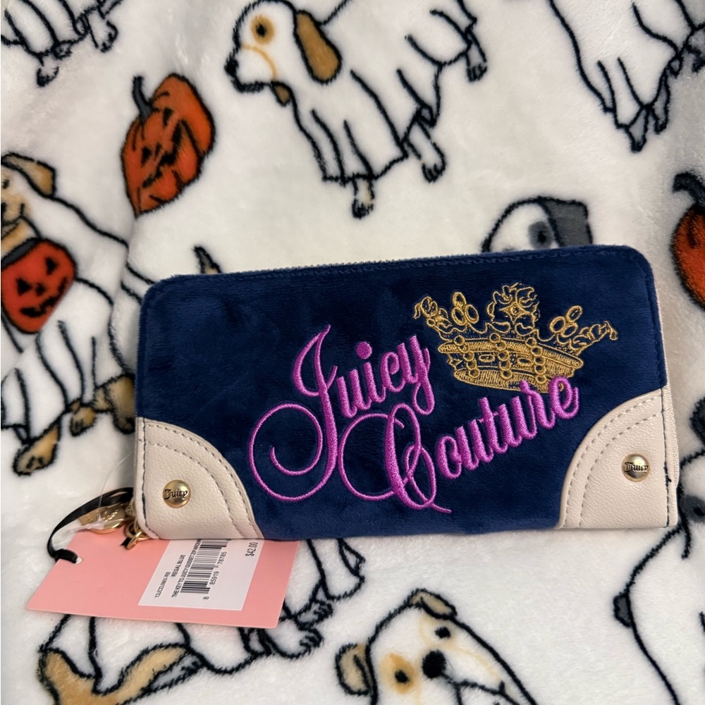 Juicy Couture Navy Velvet Zip Wallet with Pink Script and Gold Crown